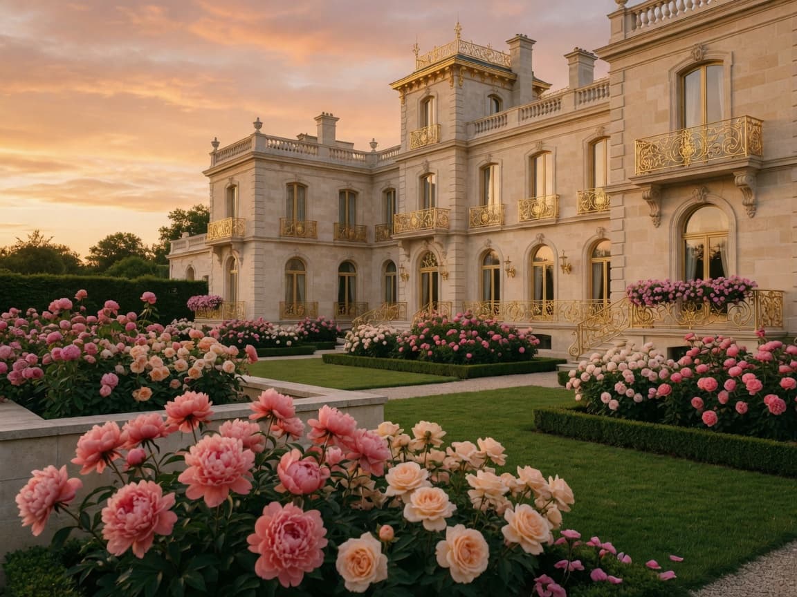 Gatsby-era cream-and-gold estate buildings connected by peony gardens under a champagne sky — the full workspace