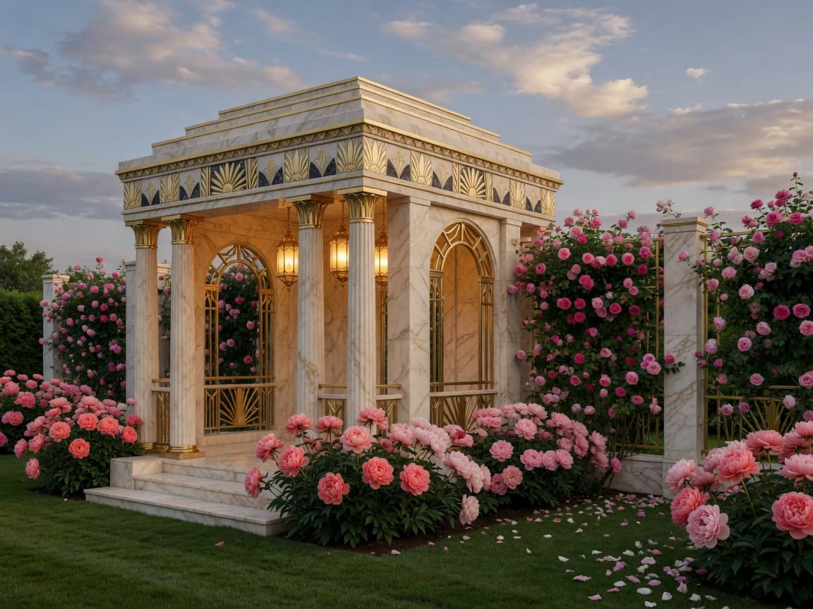 Art Deco gold garden pavilion with lanterns and peonies — the resident agent that answers