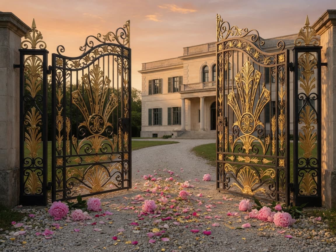 Open gilded Art Deco gates and peonies leading into the estate — one-line entry into the fleet