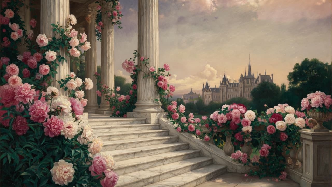 Marble staircase wreathed in roses — permanence and recovery