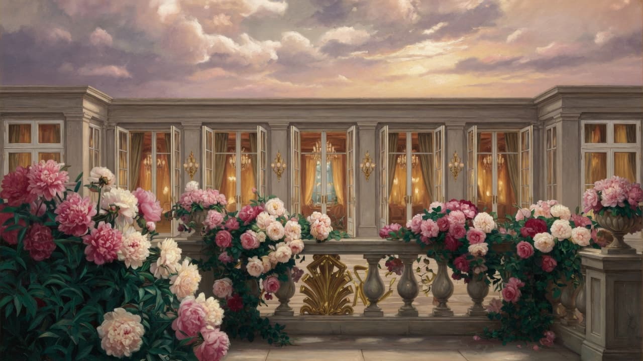 Gatsby ballroom terrace with many open doors and peonies — one fleet of rooms