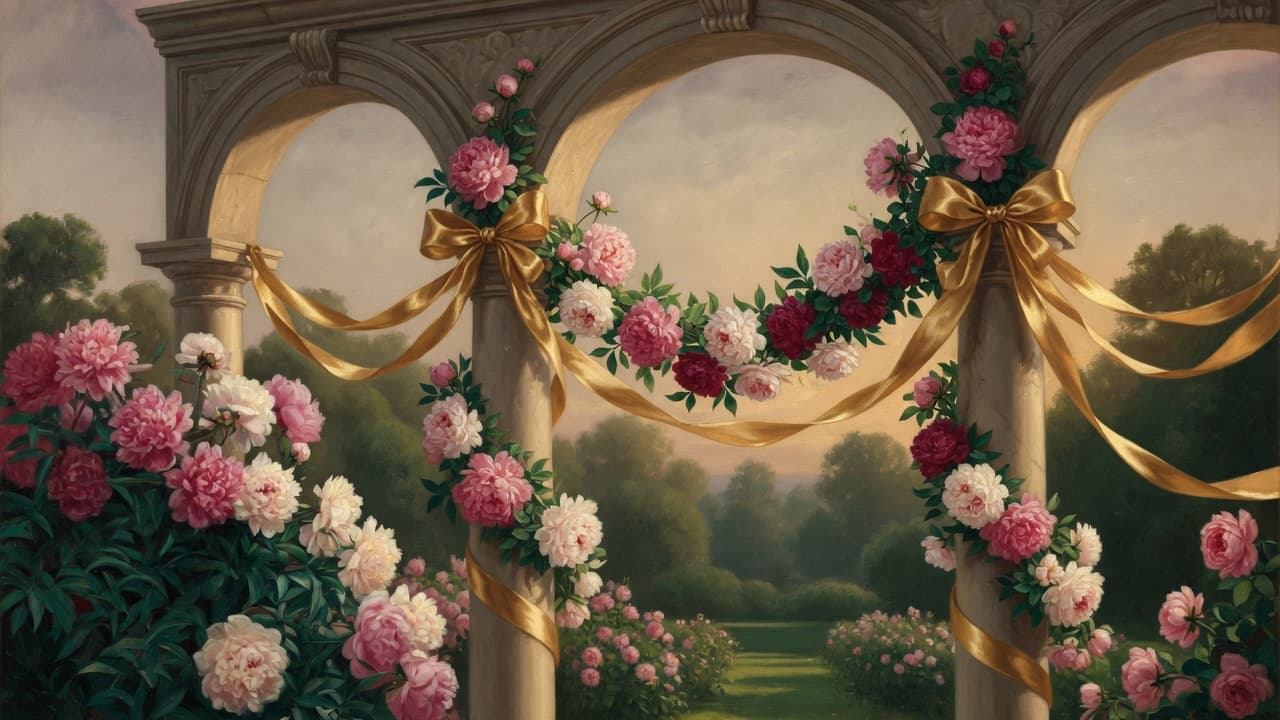 Gold ribbons and peony garlands linking garden arches — the harness