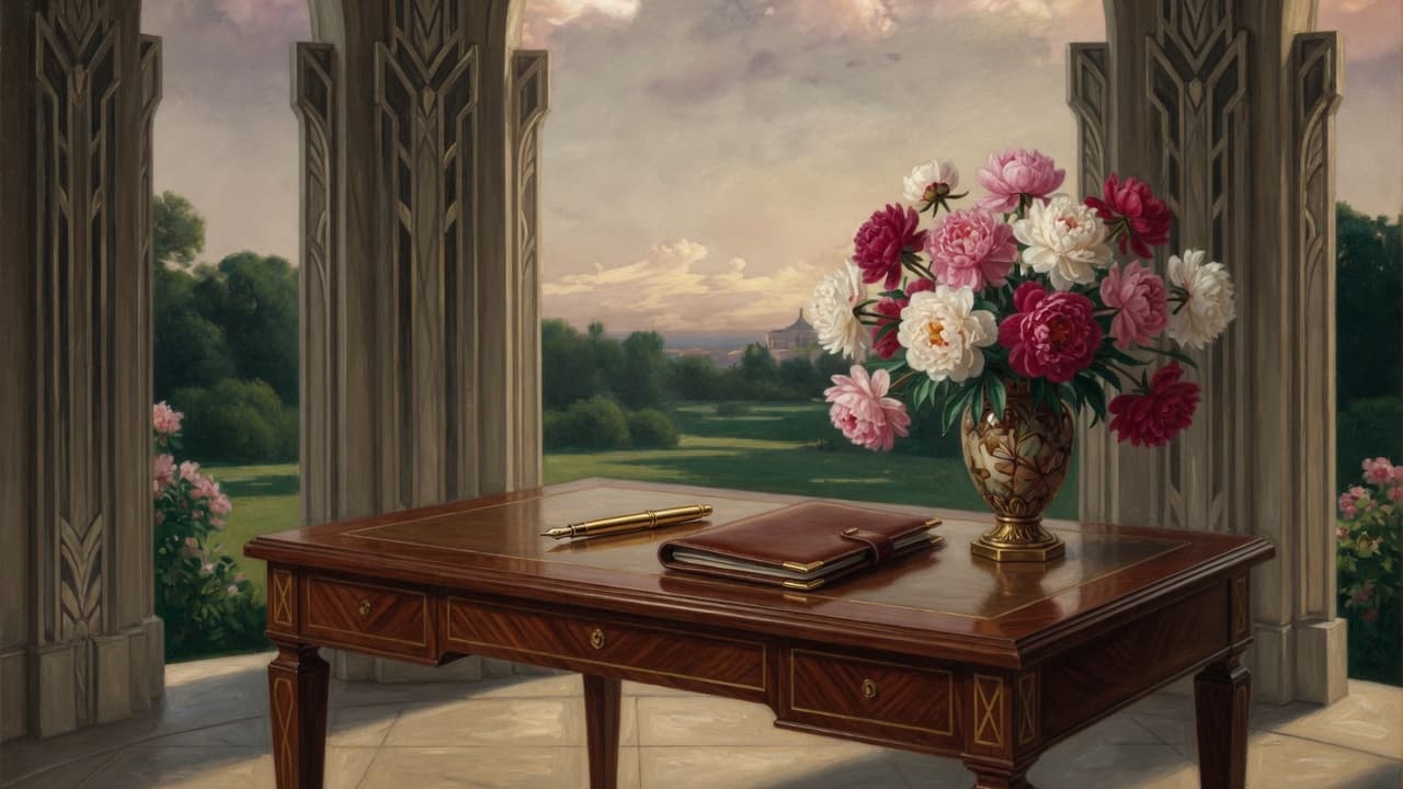 1920s writing desk with peonies and gold pen — craft and skills